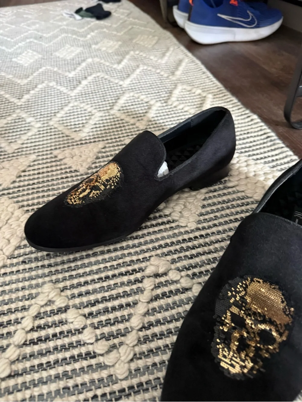 INC International Concepts Black Velvet Loafers with Gold Skull Sequin Detail